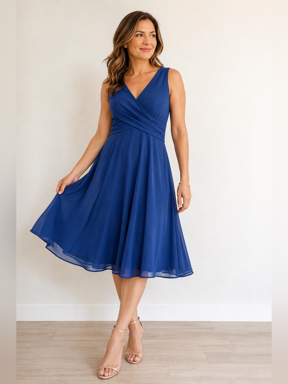 JJs House Royal Blue Chiffon Midi Dress Size 6 V Neck Wedding Guest Formal